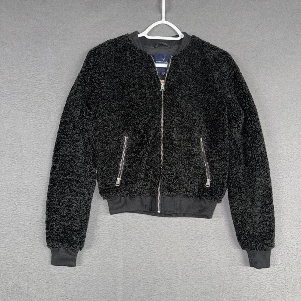 American Eagle Bomber Jacket Women Small Black Sherpa Fleece Full Zip NWT New